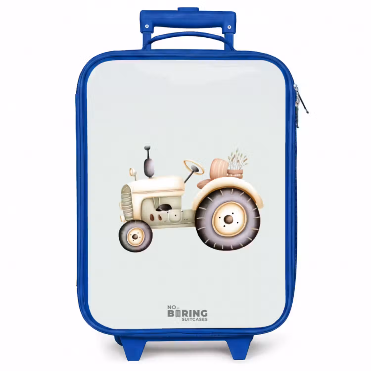 Kinderkoffer Blau - Beigefarbener Oldtimer-Traktor in Pastellgrün