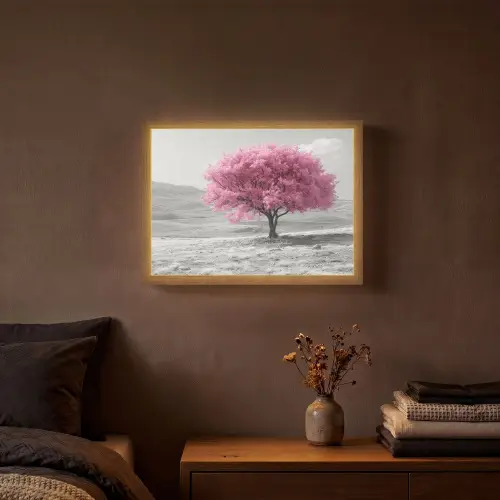 Boom - Natuur - Roze - Zwart wit Light Box met batterij (Wandlamp) middel -sfeer4