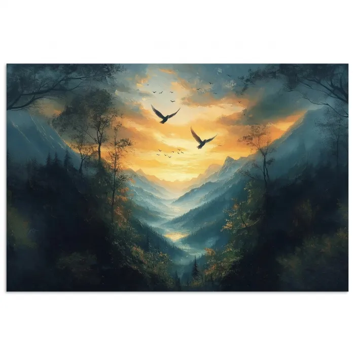 Vogels - Zon - Bomen - Groen poster papier klein -3d