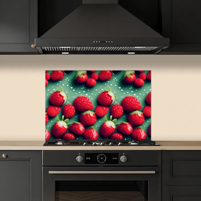 Aardbeien - Rood - Groen - Kroontjes keuken achterwand spatscherm klein 900 -sfeer1