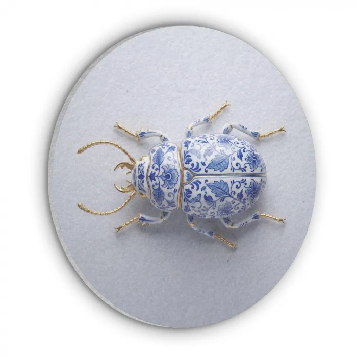 Kever - Delfts  - Blauw - Goud Akoestische PET Vilt - Rond klein -3d