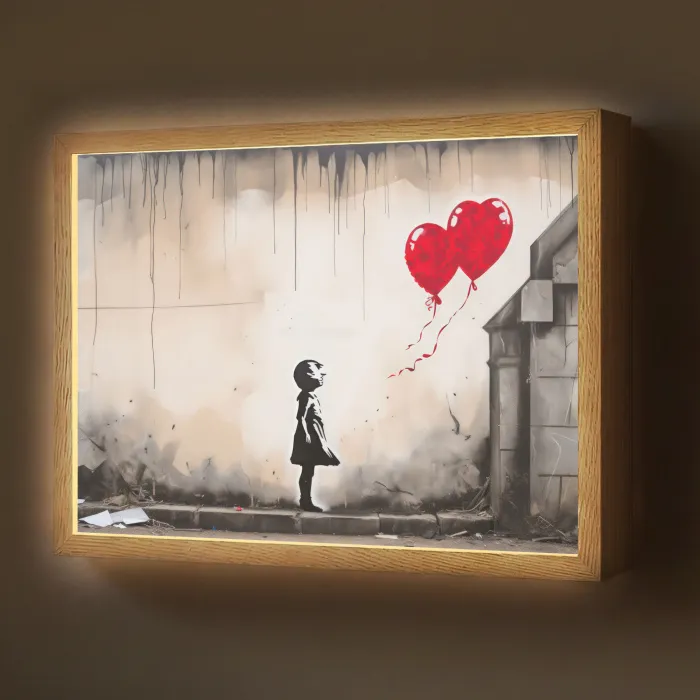 Kunst - Meisje - Ballonnen - Hart - Grijs Light Box met batterij (Wandlamp) middel -z3d_website