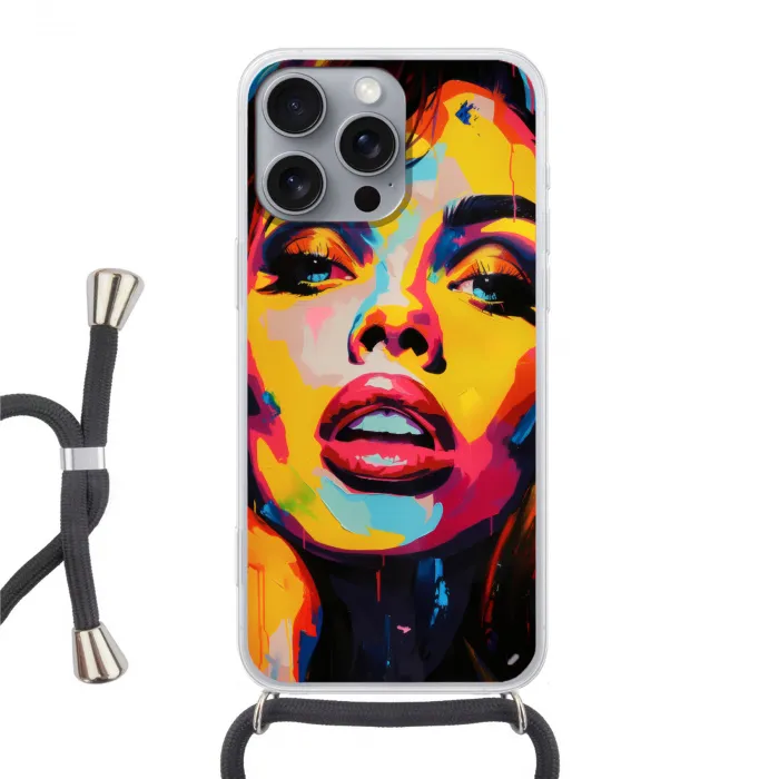 Vrouw - Gezicht - Kleurrijk Hoesje iPhone 16 Pro Max met koord klein -3d
