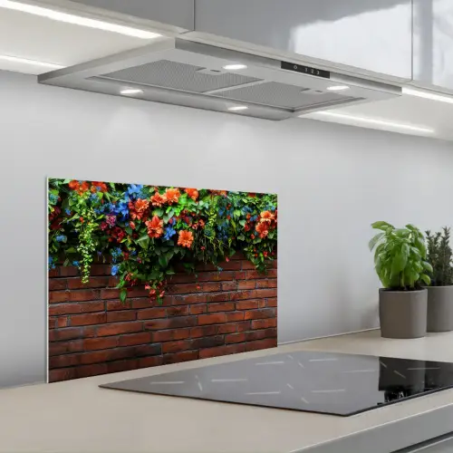 Bloemen - Muur - Groen - Oranje keuken achterwand spatscherm klein -3d_schuin