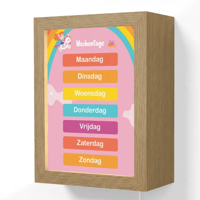 Educatief - Dagen van de week - Eenhoorn - Leren - Meisjes Light Box met kabel (Wandlamp kind) klein -3d