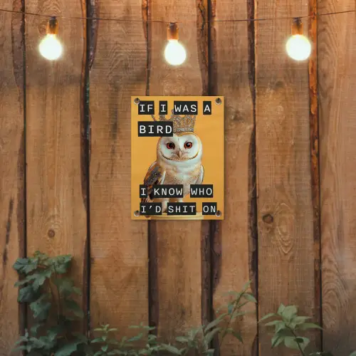 Geel - Uil - Vogel - Decoratie tuinposter los doek klein -sfeer1