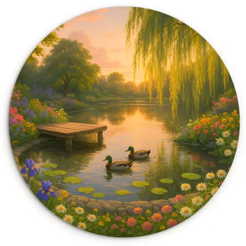 Eenden - Vijver - Bloemen Wandcirkel kunststof plaat 5mm dik klein -3d