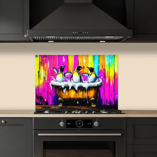 Pinguïns - Badkuip - Kleurrijk - Schuim keuken achterwand spatscherm klein -sfeer1
