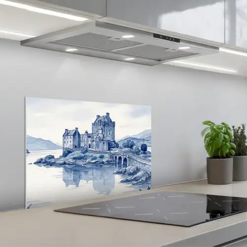 Schots - Kasteel - Blauw - Aquarel keuken achterwand spatscherm klein -3d_schuin