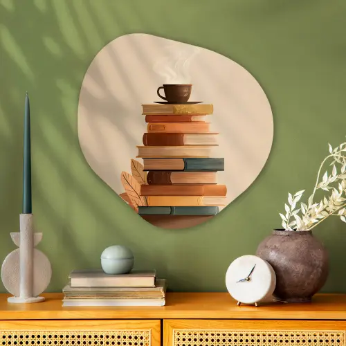 Boeken - Toren - Koffie - Beige Wandcirkel Organisch Plexiglas middel -sfeer2