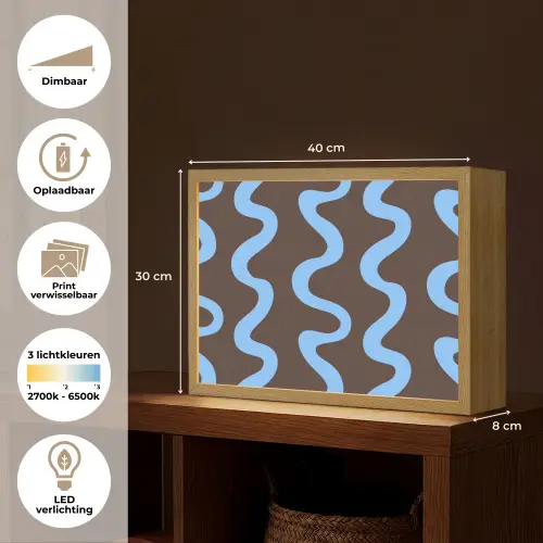 Kronkelende lijnen - Blauw - Bruin - Minimalistisch Light Box met batterij (Wandlamp) middel 907 -USP_websiteoverzichtNL