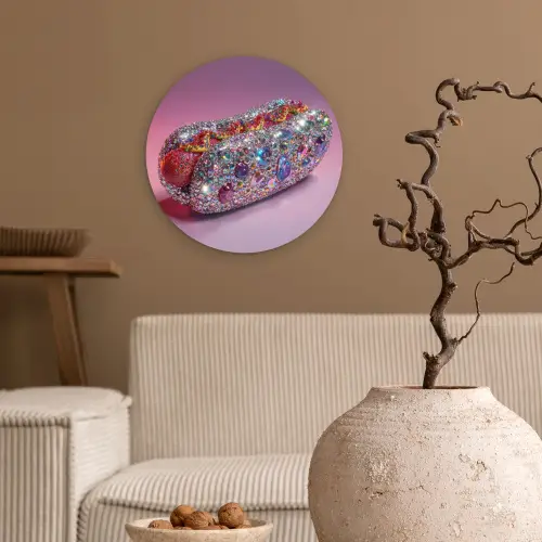 Hotdog - Steentjes - Glitters - Paars Wandcirkel kunststof plaat 5mm dik klein -sfeer1