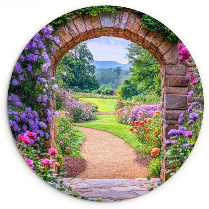 Doorkijk - Poort - Bloemen - Tuin Wandcirkel plexiglas klein -3d