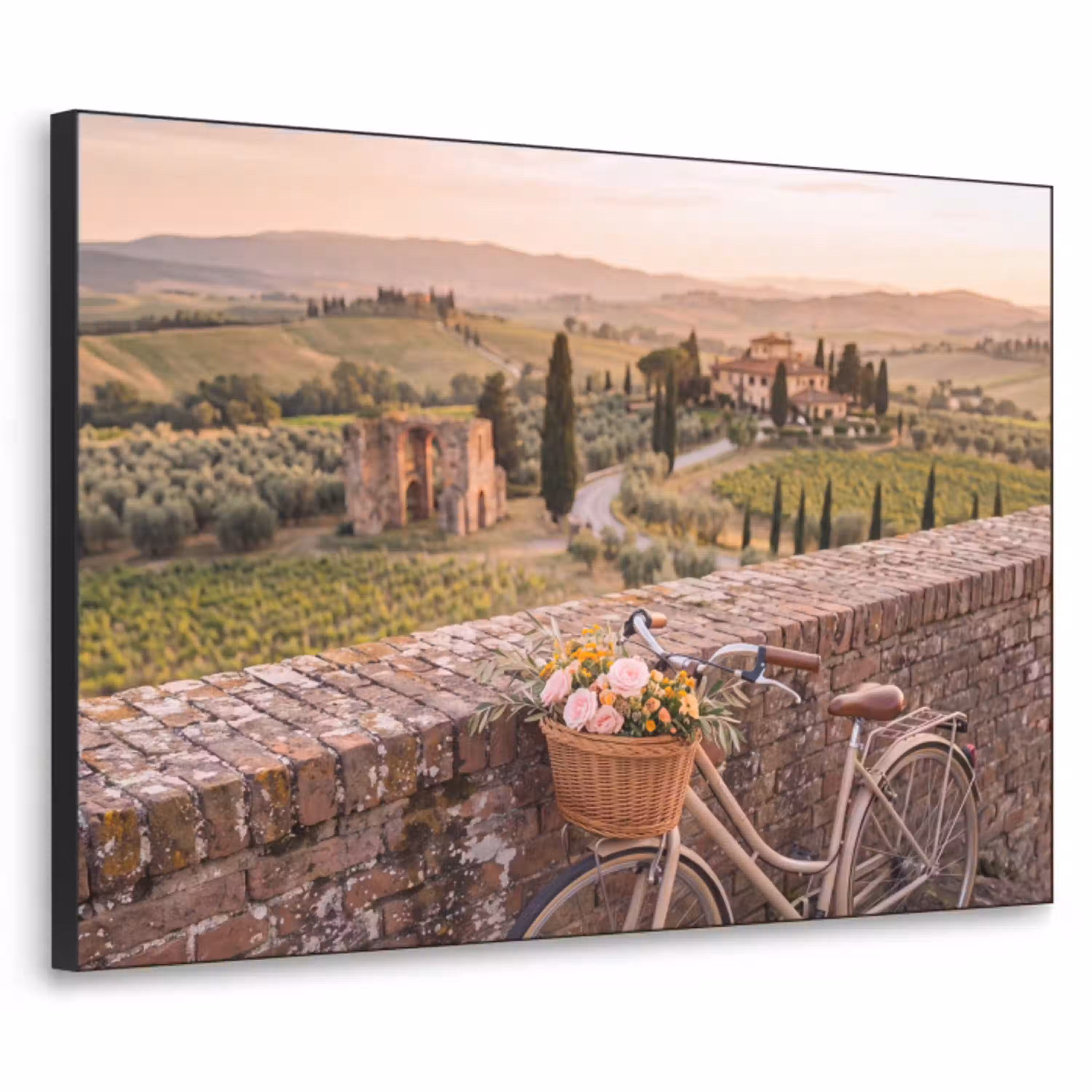 Fiets - Bloemen - Toscane - Landschap - Roze Textielframe zwart klein -3d