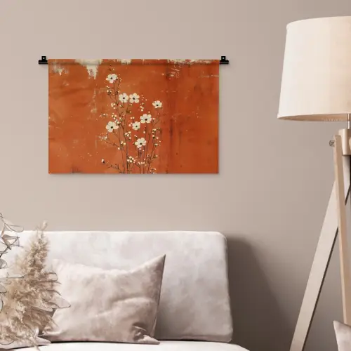 Bloemen - Wit - Subtiel - Roestkleur Wandkleed katoen klein -sfeer4