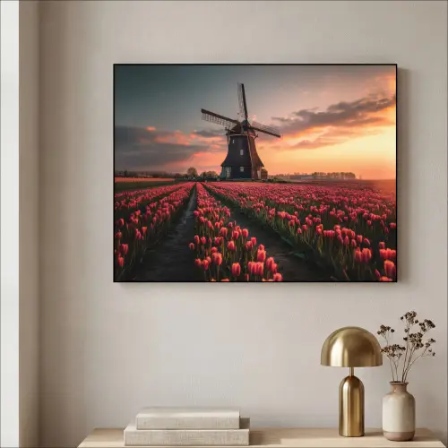 Molen - Zonsondergang - Tulpen - Rood Textielframe zwart klein -sfeer2