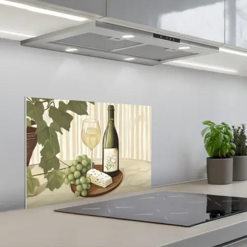 Wijn - Druiven - Kaas - Bladeren keuken achterwand spatscherm klein -3d_schuin