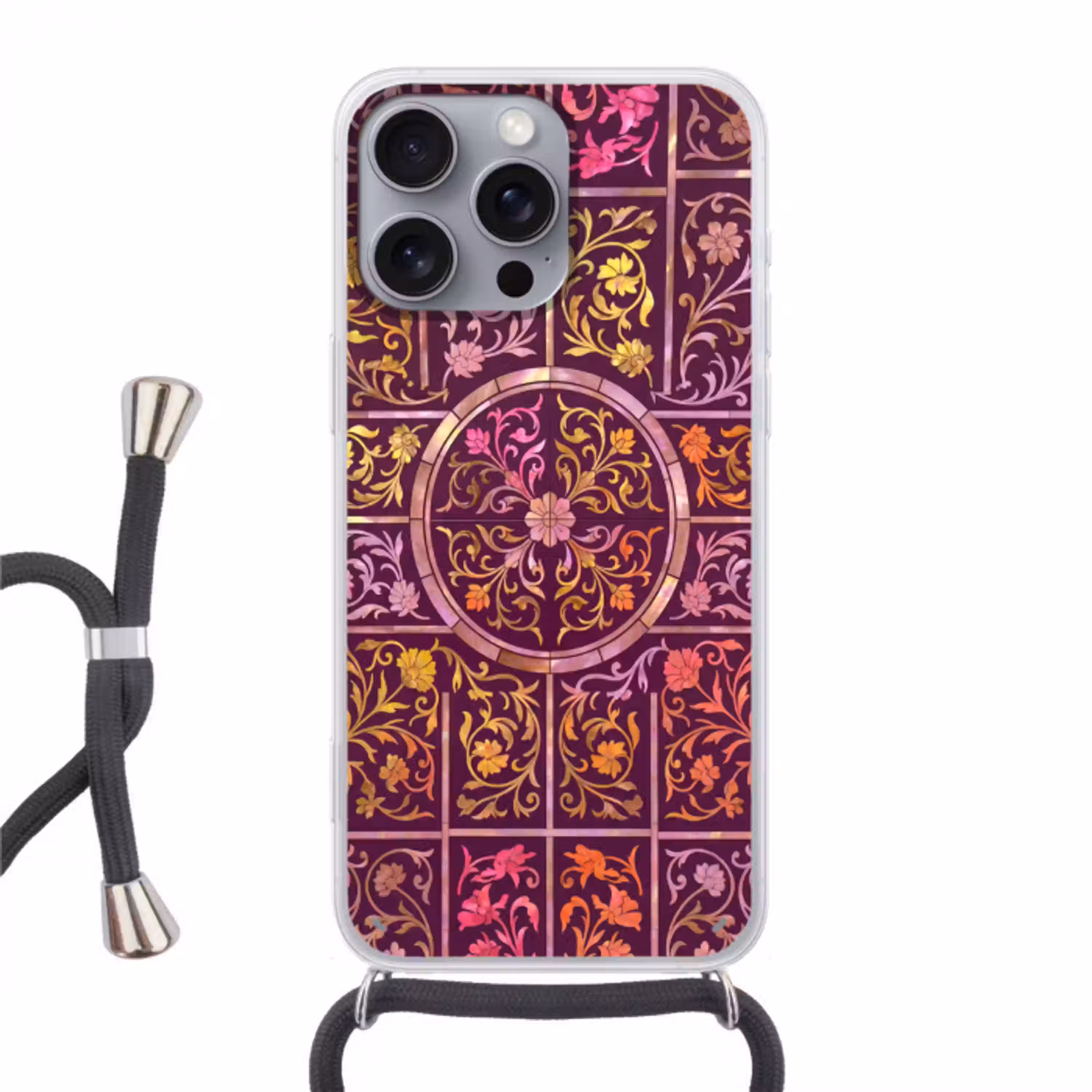 Patroon - Floraal - Oosters - Paars - Goud Hoesje iPhone 16 Pro Max met koord klein -3d