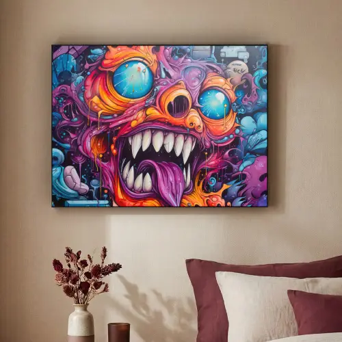 Monster - Graffiti - Kleuren - Oranje Textielframe zwart klein -sfeer1