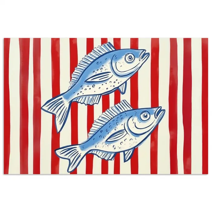 Vissen - Verticale strepen - Blauw - Rood poster papier klein -3d