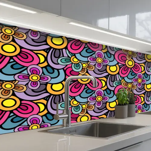 Patroon - Hippie - Bloemen - Paars keuken achterwand 2 middel 871 -3d_schuin