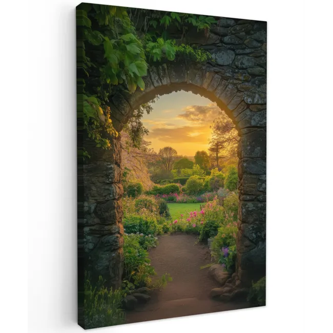 Poort - Planten - Zonsondergang Tuinposter op houten frame 2 cm dik klein -3d