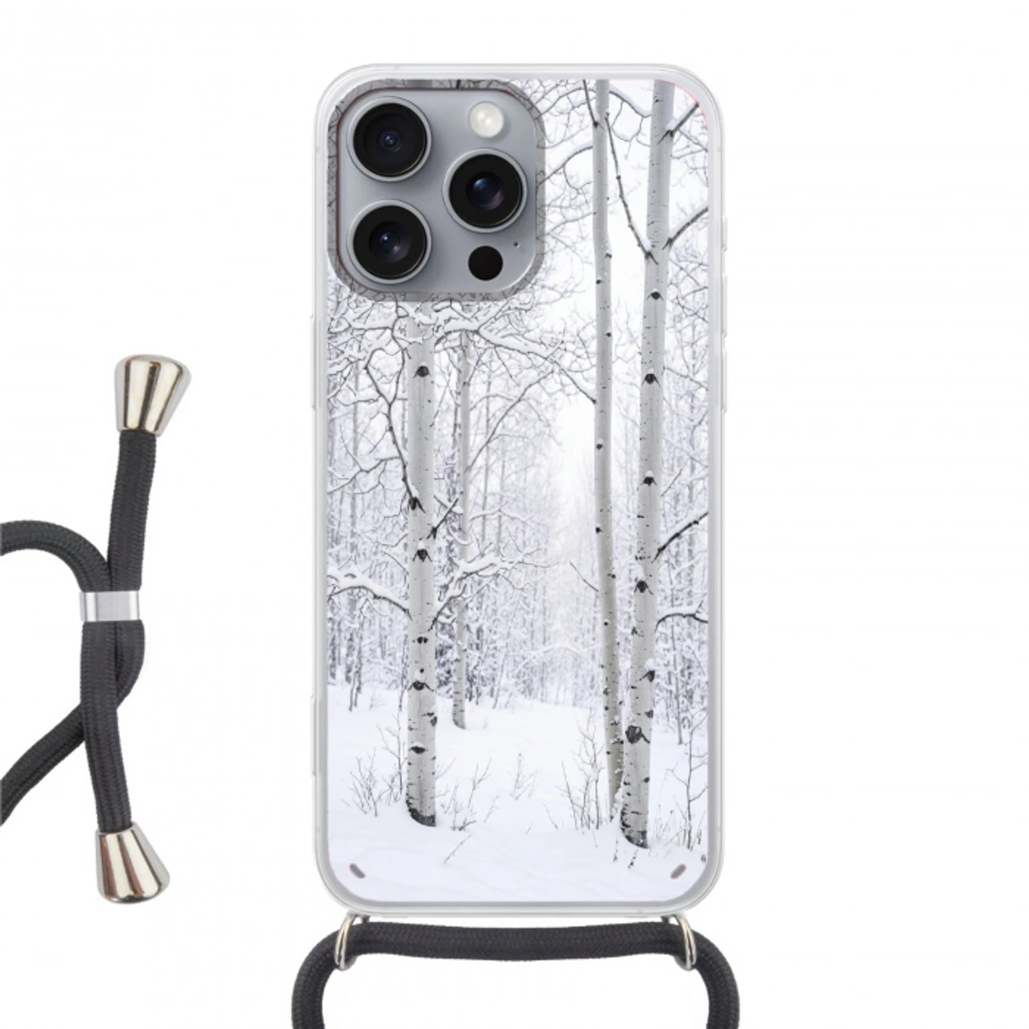Berkenbomen - Sneeuw - Winter - Bos - Wit Hoesje iPhone 16 Pro Max met koord klein -3d