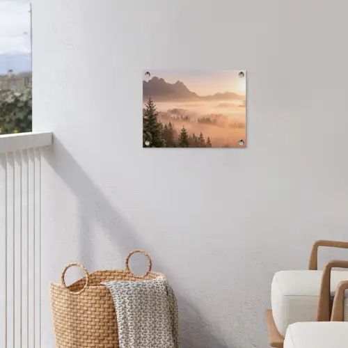 Zonlicht - Mist - Bergen - Bomen tuinposter los doek klein -sfeer8