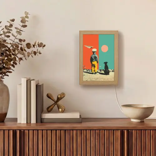 Retro - Jongen - Hond - Rood - Groen Light Box met kabel (Tafellamp) klein -sfeer2