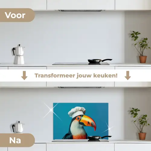 Toekan - Papegaai - Vogel - Koksmuts keuken achterwand spatscherm klein -voor_na_NL