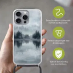 Bos - Meer - Mist - Natuur - Grijs Hoesje iPhone 16 Pro Max met koord klein -sfeer2_NL