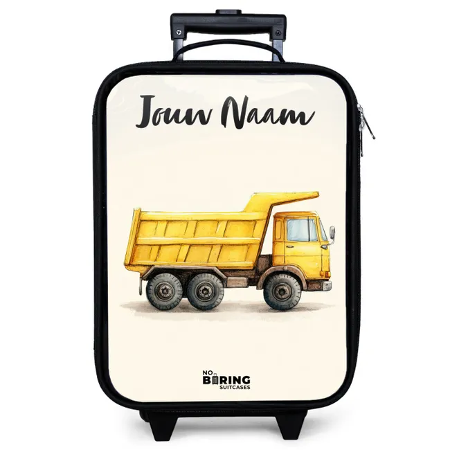 Kinderkoffer met naam - Kiepwagen - Getekend - Geel