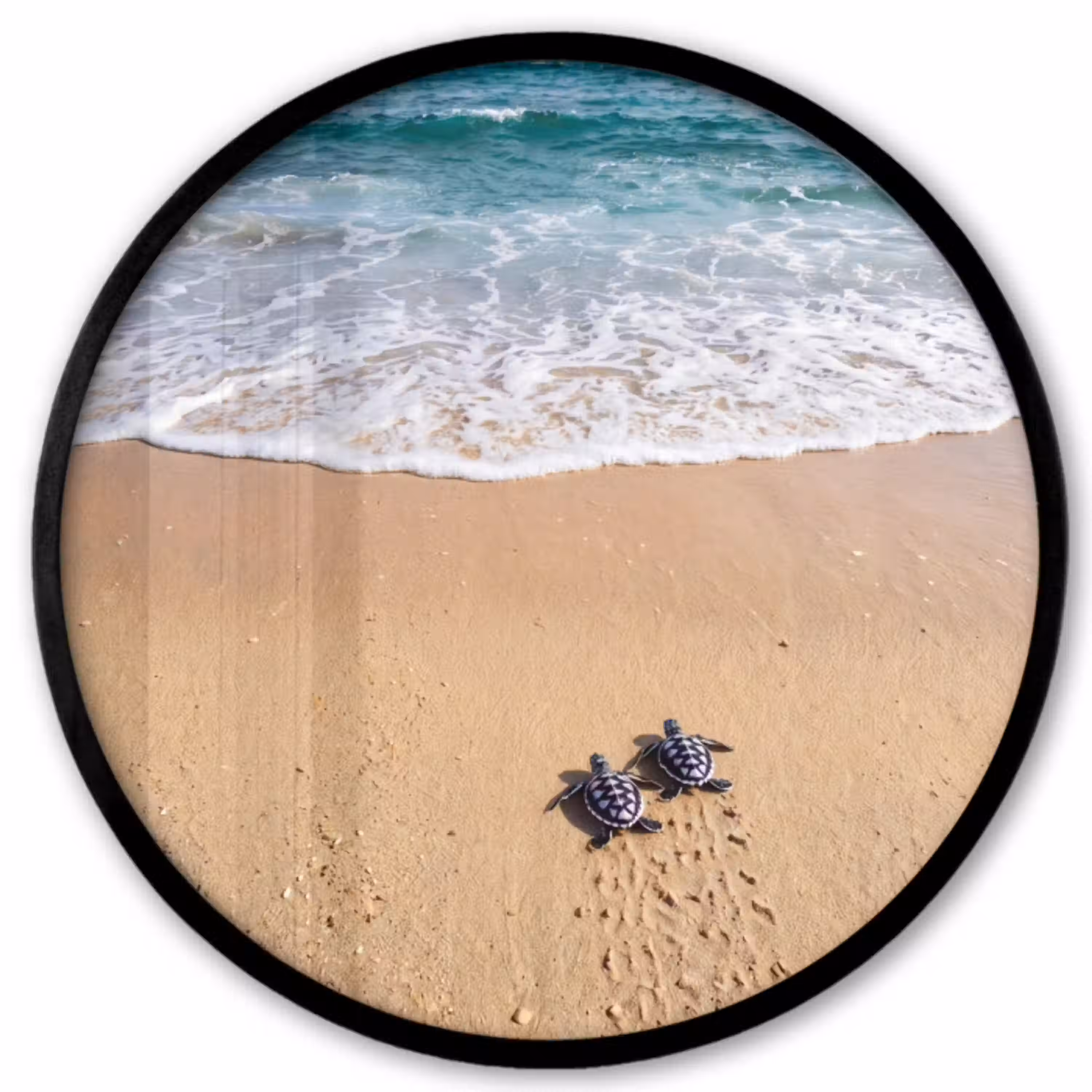 Schildpad - Jong - Strand - Oceaan - Blauw Fotolijst rond zonder passe partout klein -3d