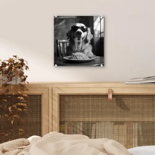 Golden Retriever - Hond - Vrolijk -  Bord spaghetti - Zwart - wit plexiglas 5mm klein -sfeer4