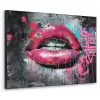 Lippen - Felroze - Graffiti - Verfstrepen Textielframe zwart klein -3d
