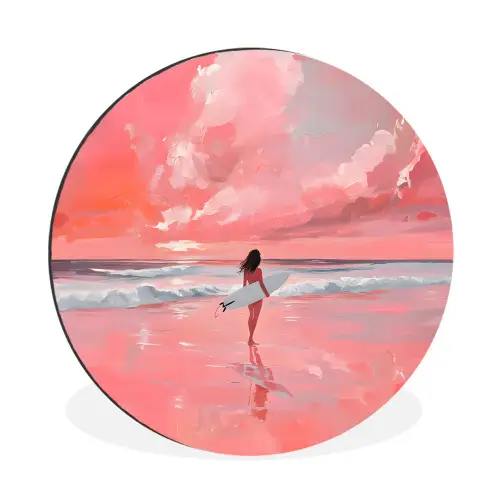 Roze - Surfen - Zee Wandcirkel aluminium klein -3d