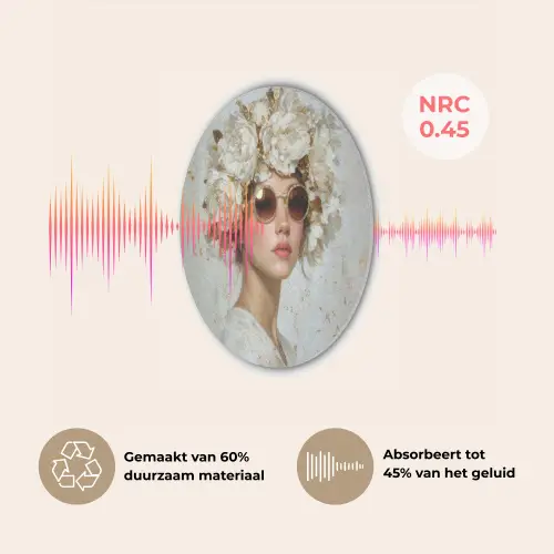 Schilderij - Vrouw - Zonnebril - Bloemenkrans Akoestische PET Vilt - Rond klein -USP_NL