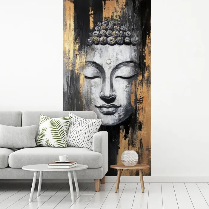 Boedhha - Penseelstreken - Goud - Abstract fotobehang vinyl groot -woonkamer