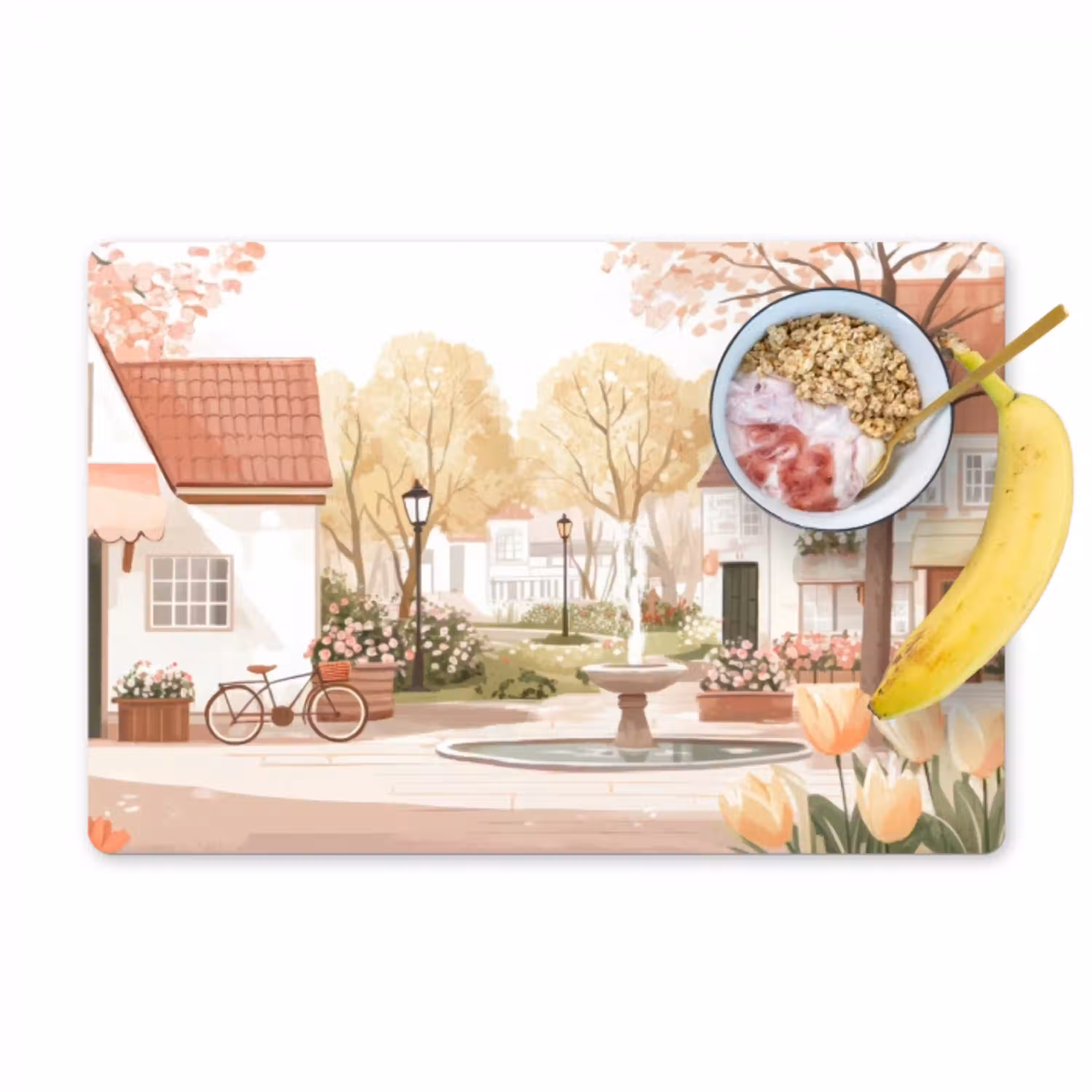 Dorpsplein - Fontein - Tulpen Placemat vinyl groot -zzzproduct_Kitchenyeah-website