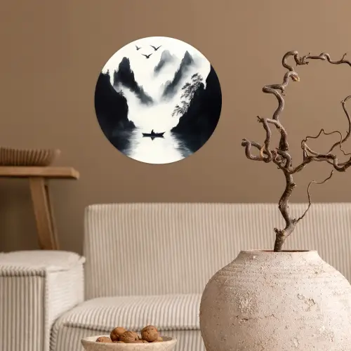 Roeiboot - Mistig - Bergen - Vogels Wandcirkel behangsticker klein -sfeer1