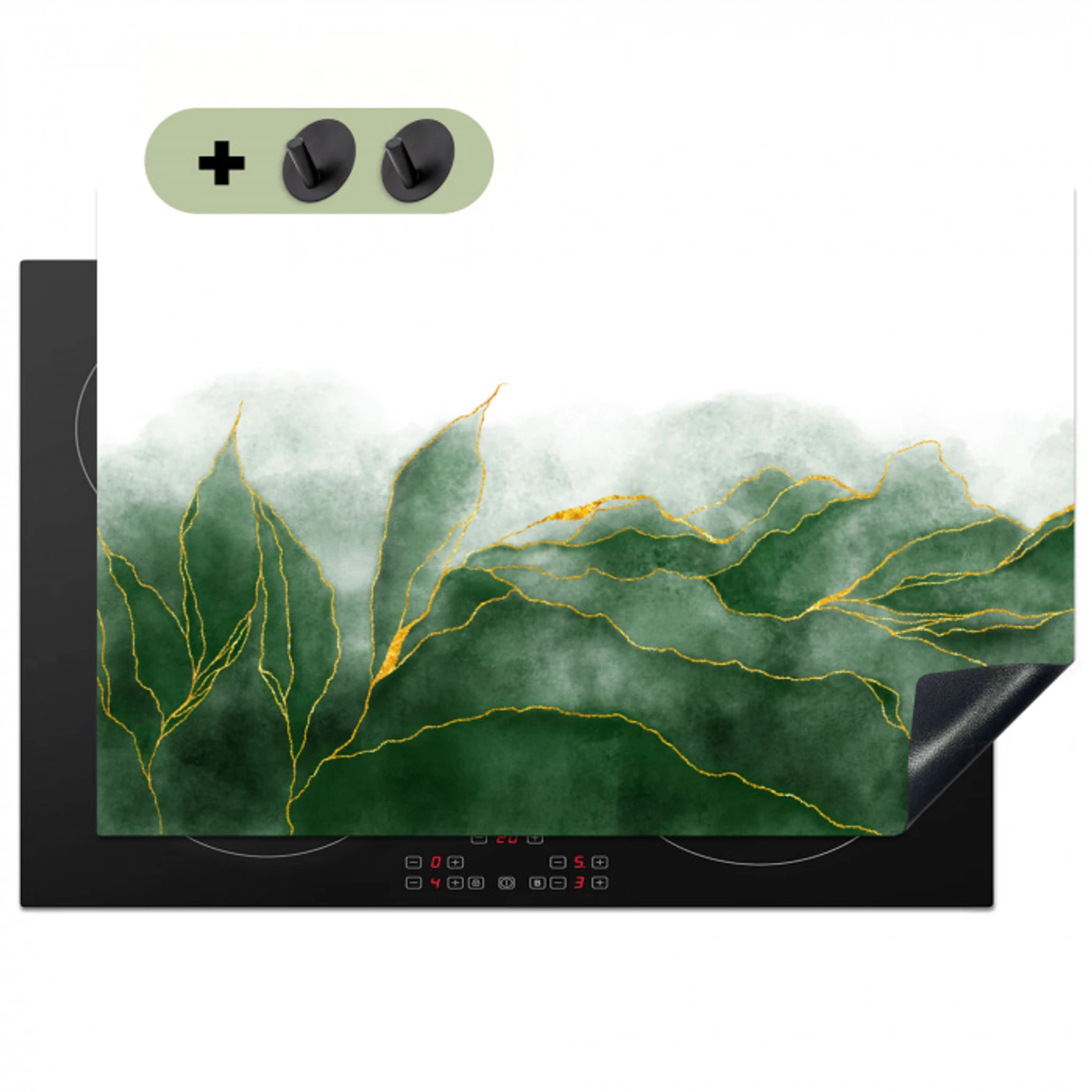 Marmer - Groen - Luxe - Goud - Marmerlook Inductie beschemer met haakjes klein -3d