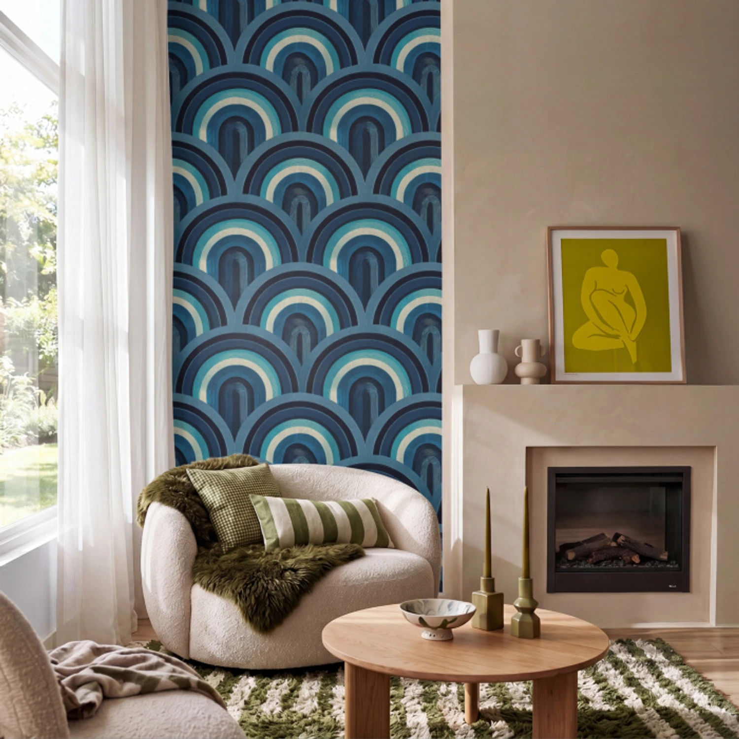 Bogen - Geometrisch - Patroon - Blauw - Retro Behang Vinyl klein 1060 -sfeer2