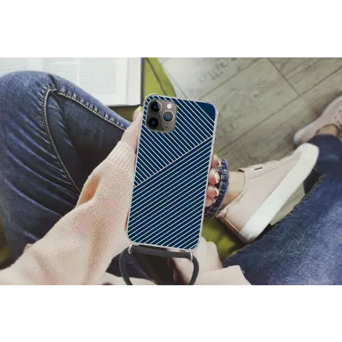 Lijnen - Abstract - Blauw - Wit - Minimalistisch Hoesje iPhone 12 Pro met koord klein -hand
