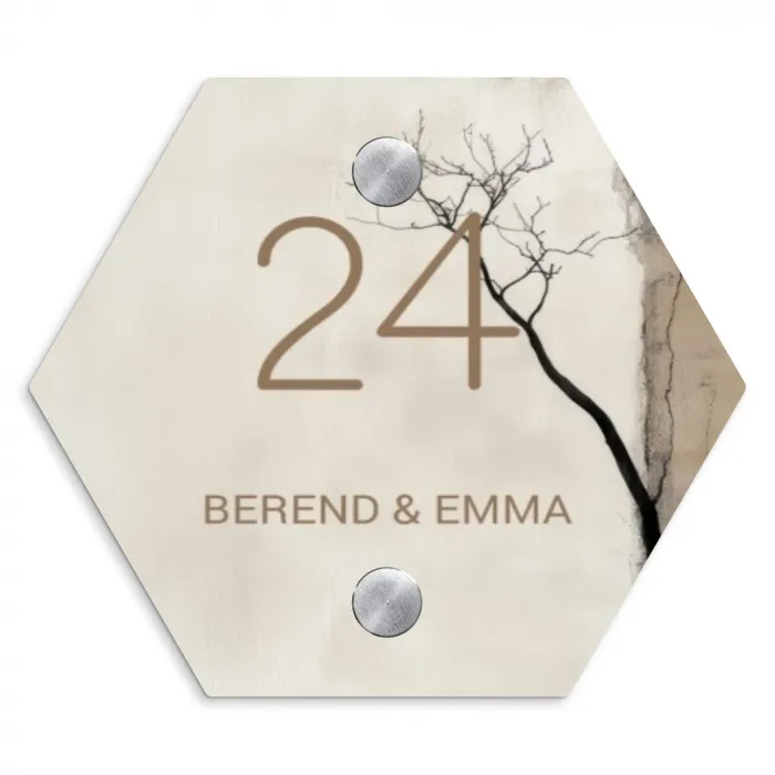 Boomsilhouet beige achtergrond - Klassiek Naambord Hexagon klein -3d