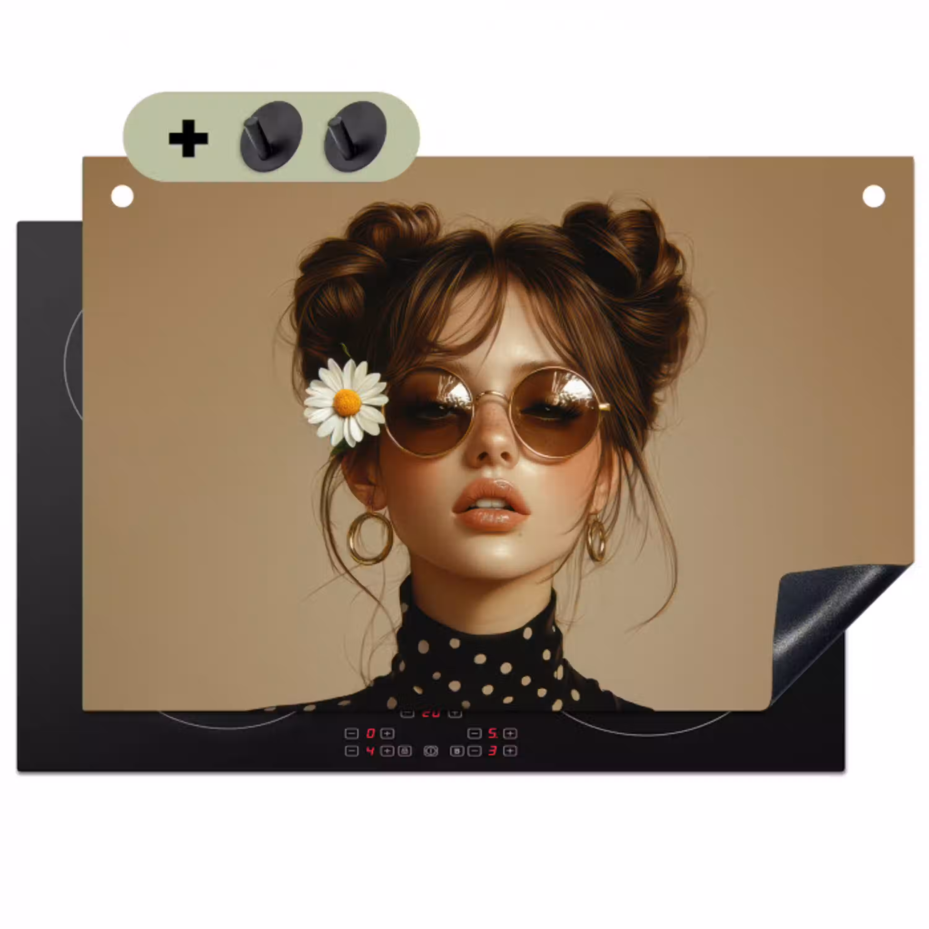 Vrouw - Beige - Bloem - Modern - Portret Inductie beschemer met haakjes klein -3d