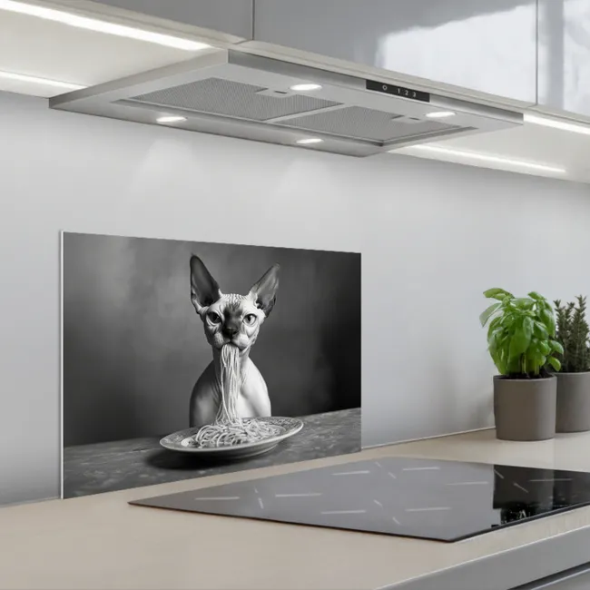 Sphynx - Kat - Dieren - Humor - Spaghetti - Zwart Wit keuken achterwand spatscherm klein -3d_schuin