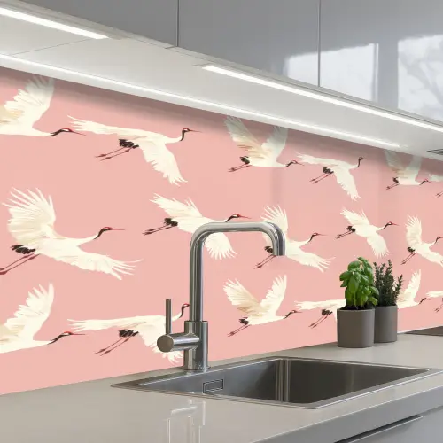Modern - Kraanvogels - Roze keuken achterwand 2 middel 871 -3d_schuin