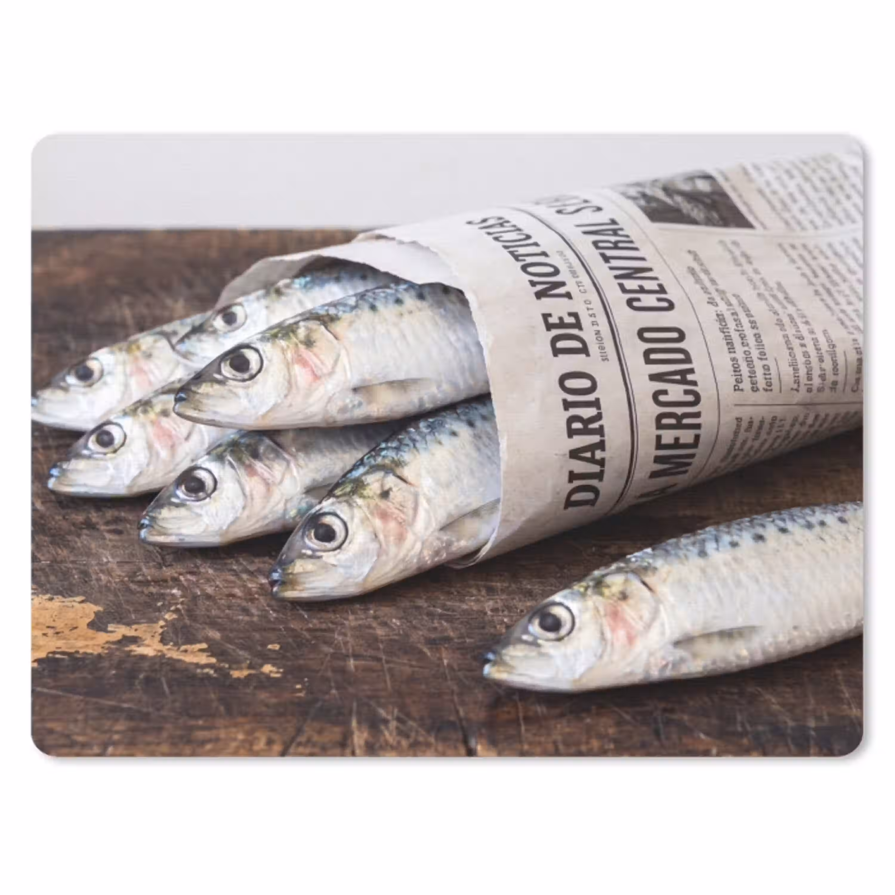 Sardientje - krant - snijplank muismat rubber klein -3d
