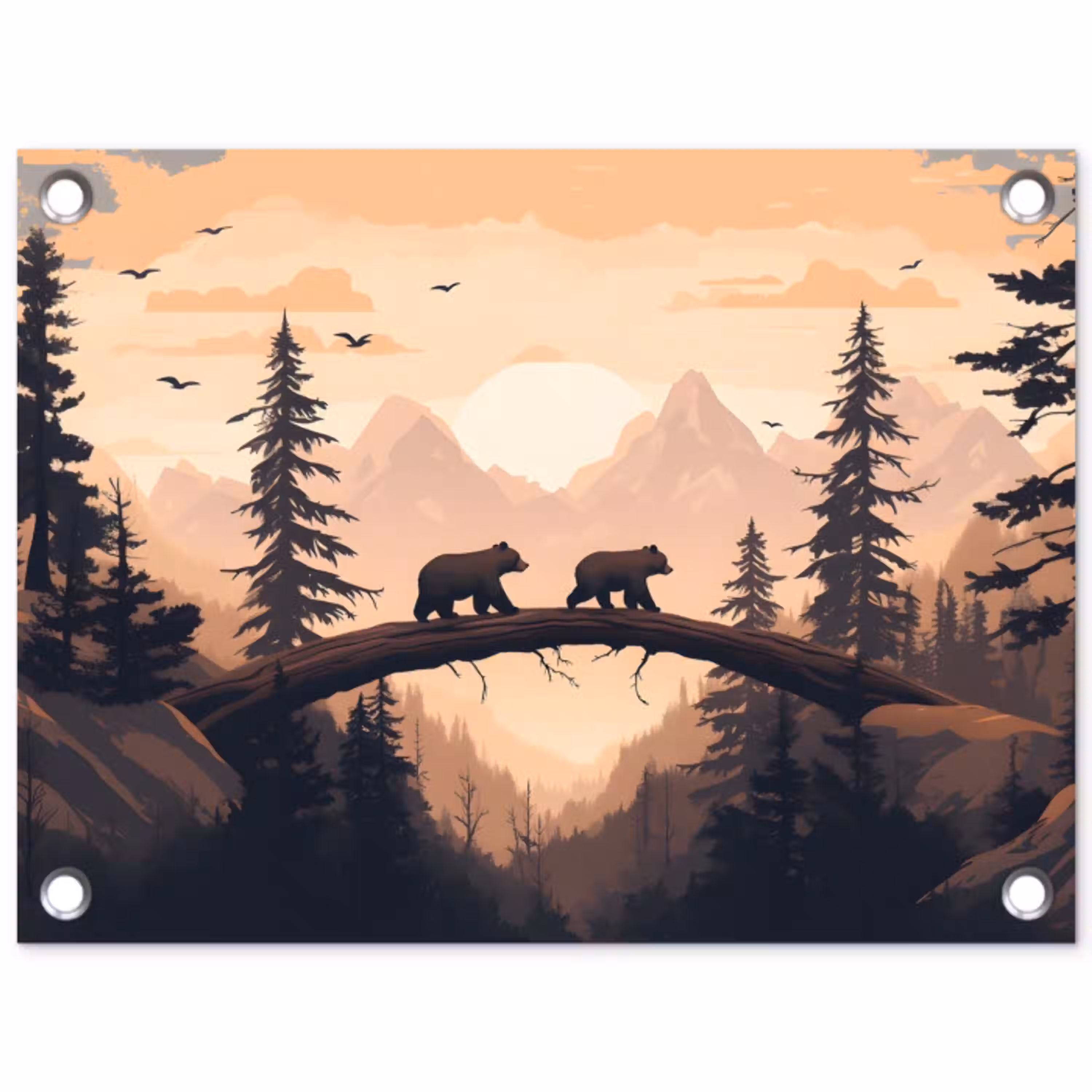 Beren - Bomen - Landschap - Zonsondergang tuinposter los doek klein -3d