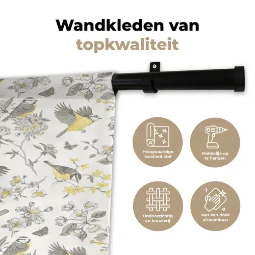 Birds - Flowers - Gray - Yellow Wandkleed katoen klein 269 -sfeer2